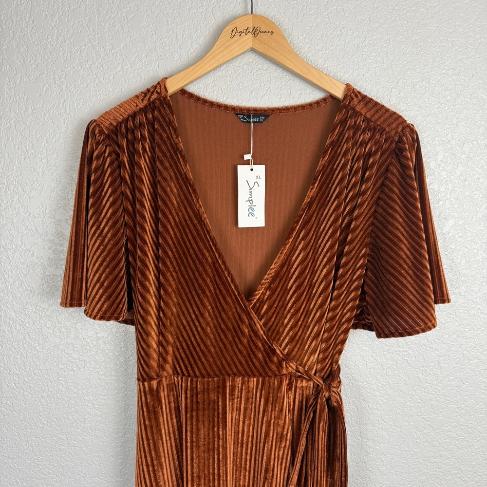 Boho Butterfly Sleeve Full Wrap Ribbed Velvet Dress Copper Rust XL Earthy NWT - Picture 5 of 11
